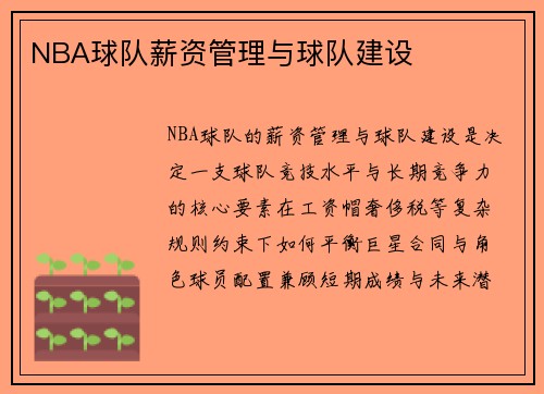 NBA球队薪资管理与球队建设