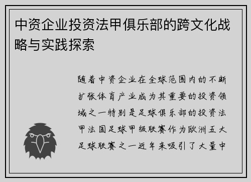 中资企业投资法甲俱乐部的跨文化战略与实践探索